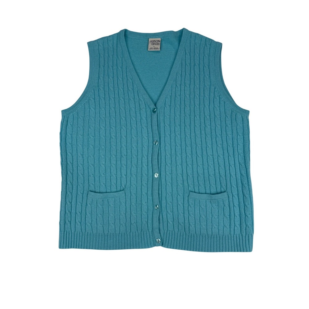 Allison Daley Teal Blue Cable Knit Button Front Cardigan Vest Large V-Neck